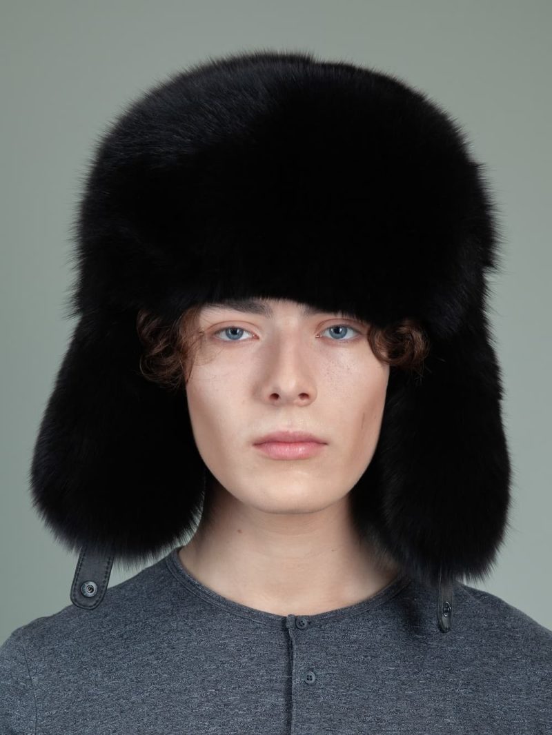 black fox full fur russian ushanka hat with ears for men women