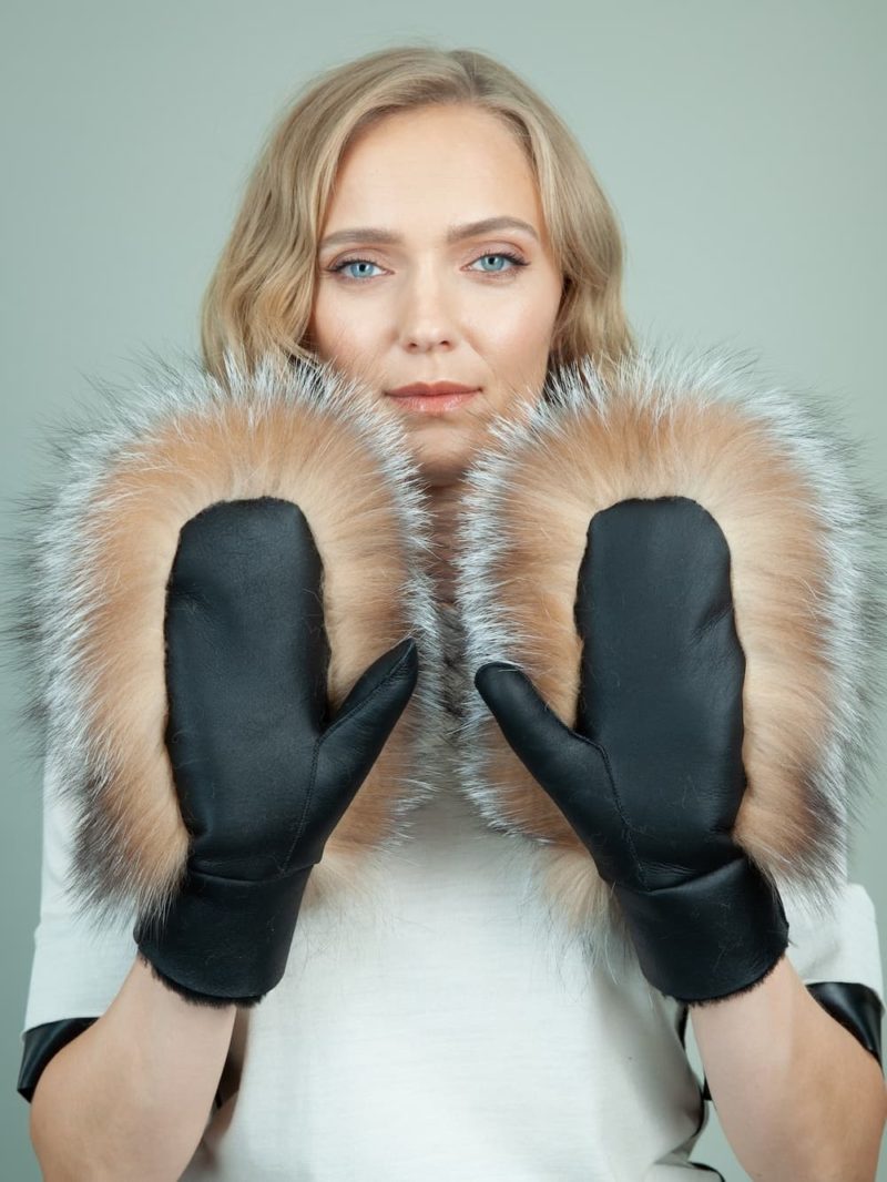 black merino sheepskin brown fox fur mittens for women