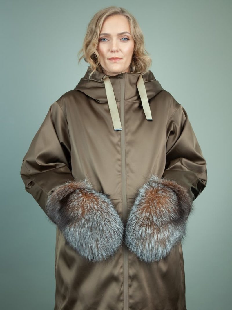 black merino sheepskin brown fox fur mittens for women