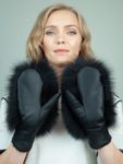 black merino sheepskin fox fur mittens for women
