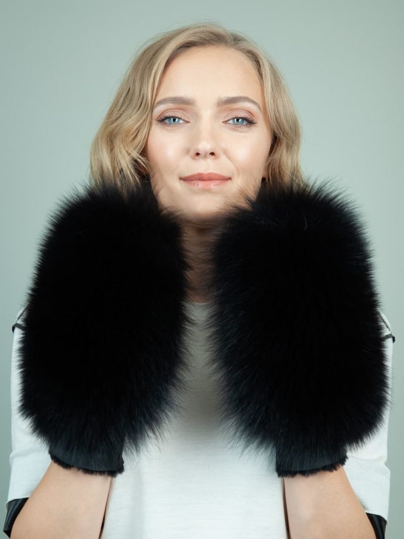 black merino sheepskin fox fur mittens for women