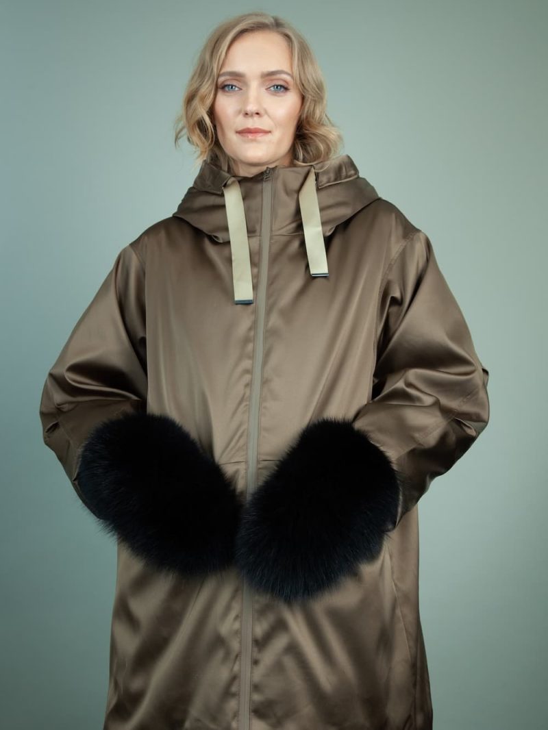black merino sheepskin fox fur mittens for women