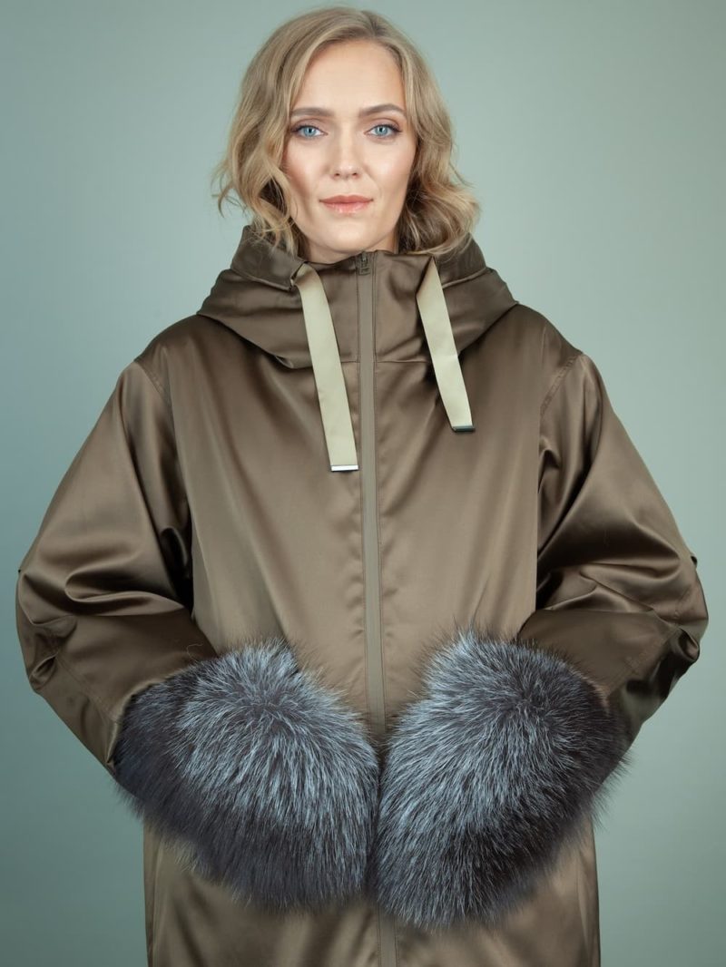 black merino sheepskin silver fox fur mittens for women