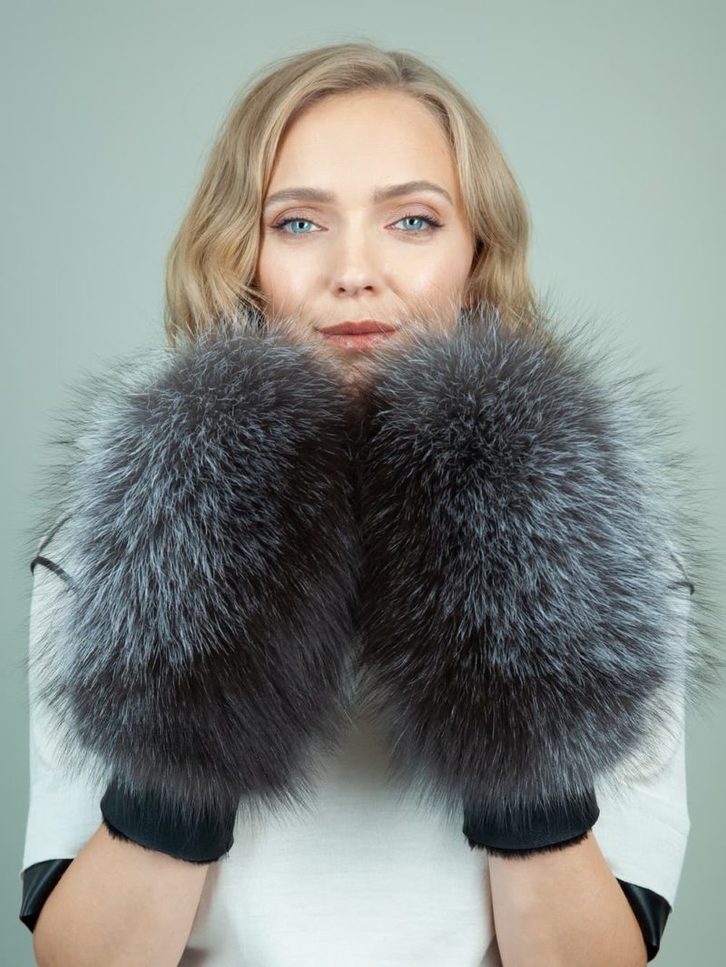 black merino sheepskin silver fox fur mittens for women