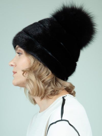 black mink fur hat with leather inserts and big fox pom pom for women