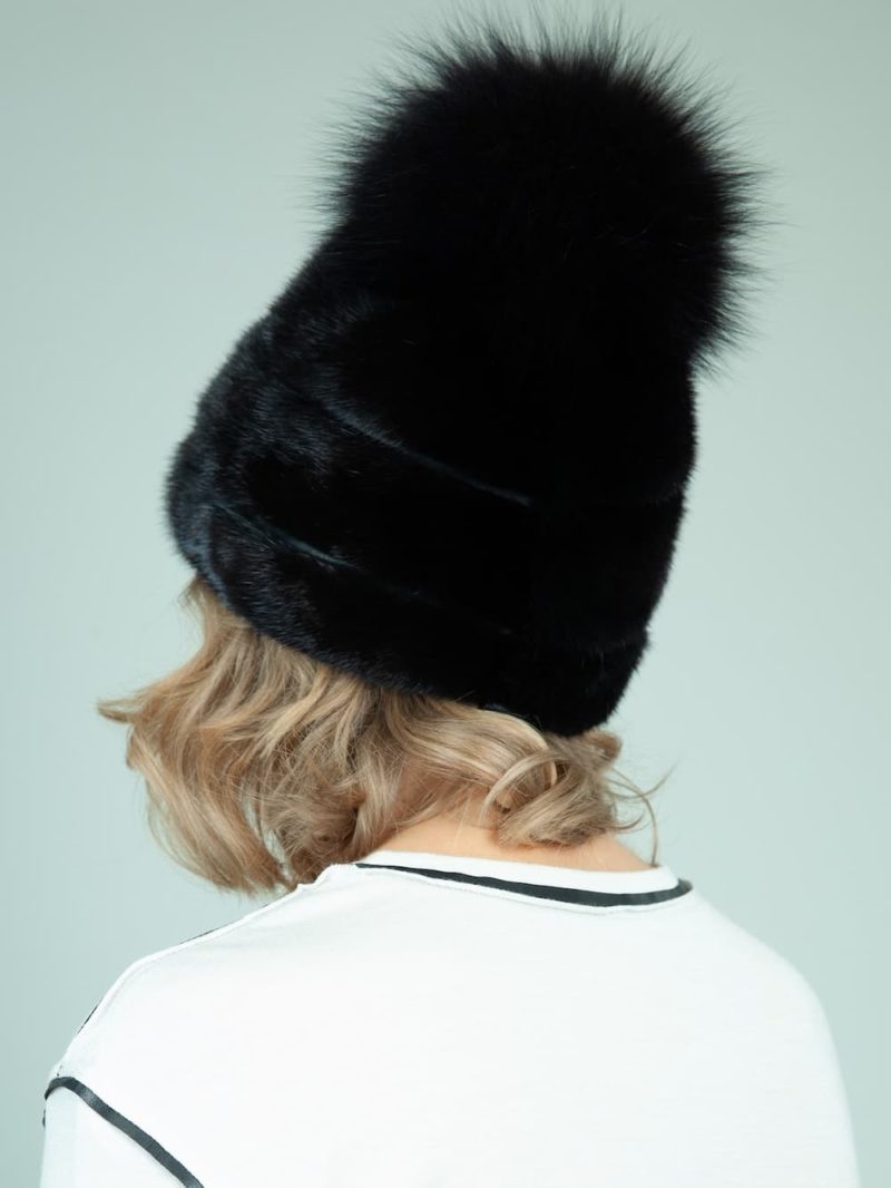 black mink fur hat with leather inserts and big fox pom pom for women