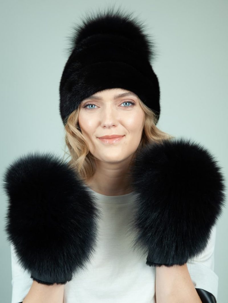 black mink fur hat merino sheepskin gloves set