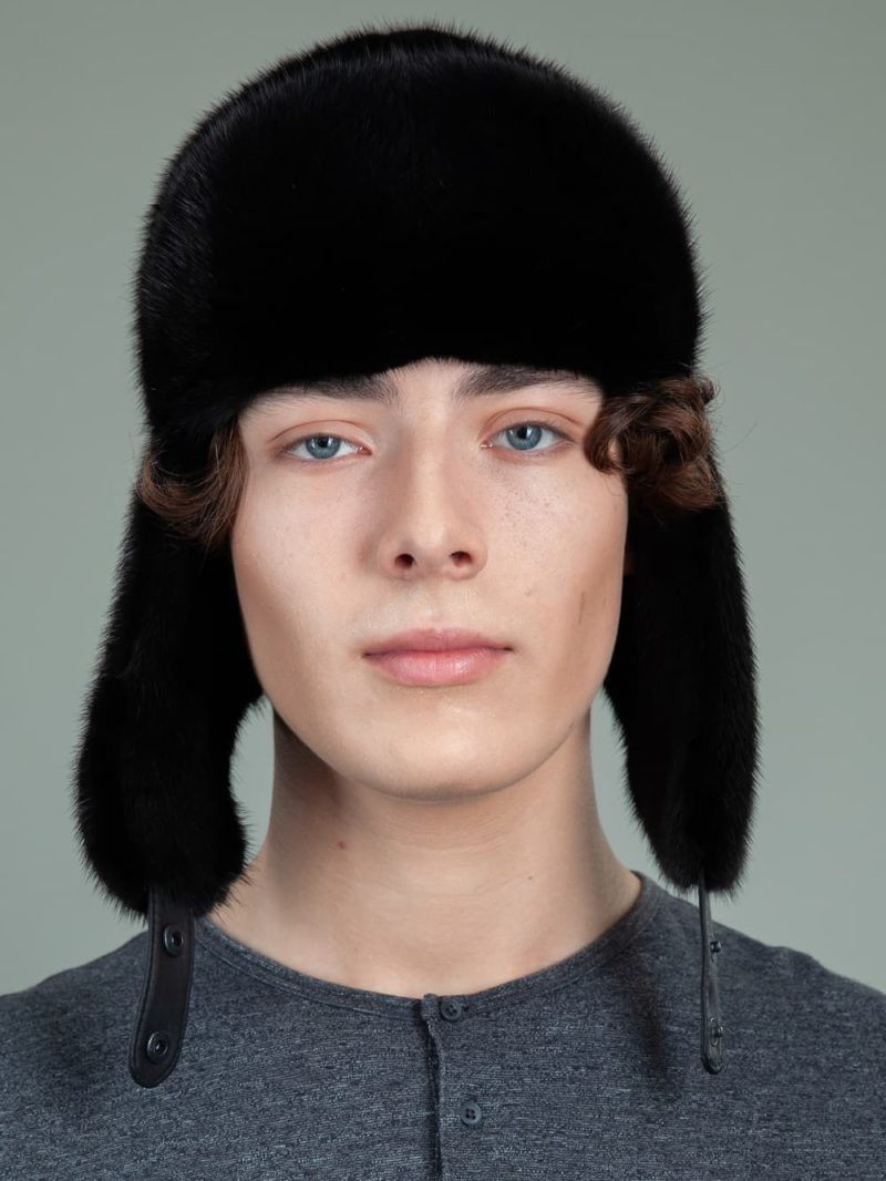 black mink fur trapper hat with ear flaps for men & women