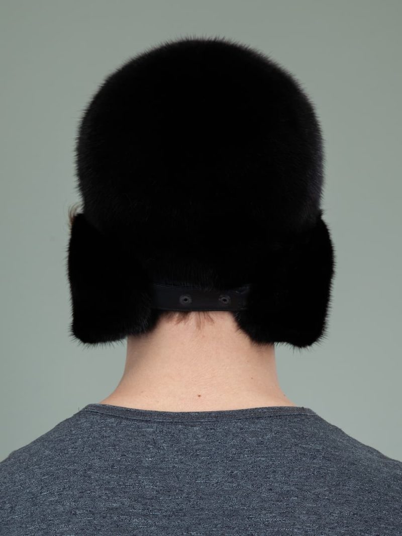 black mink fur trapper hat with ear flaps for men & women