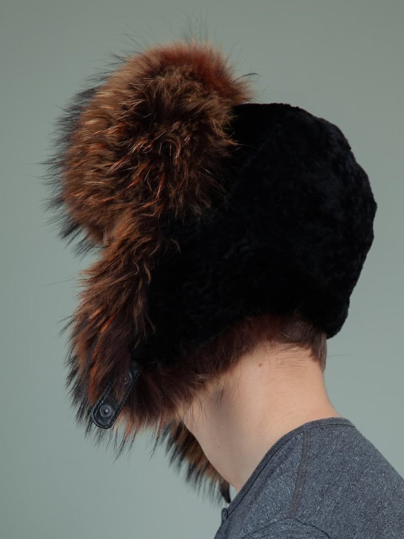 black sheepskin brown fox fur hat with ear flaps for men & women