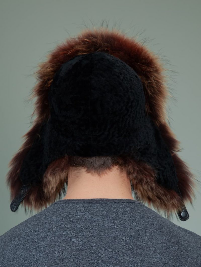 black sheepskin brown fox fur hat with ear flaps for men & women