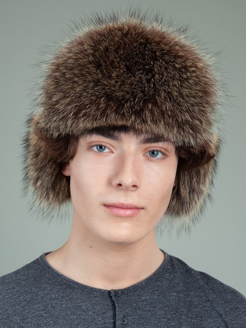black sheepskin raccoon fur hat with ear flaps for men & women