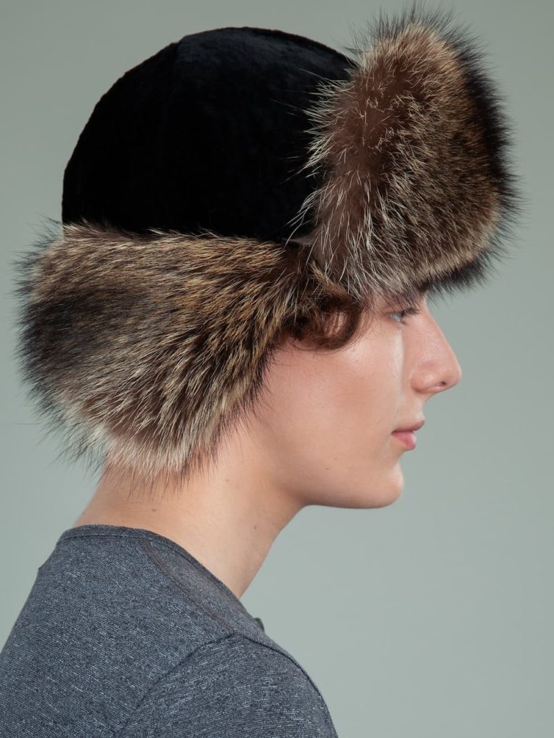 black sheepskin raccoon fur trapper hat with ear flaps for men & women
