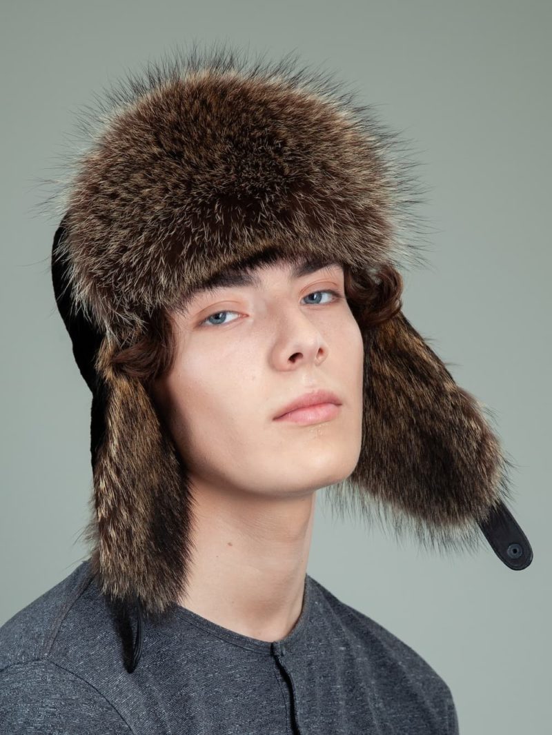 black sheepskin raccoon fur trapper hat with ear flaps for men & women