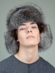 black sheepskin silver fox fur hat with ear flaps for men & women