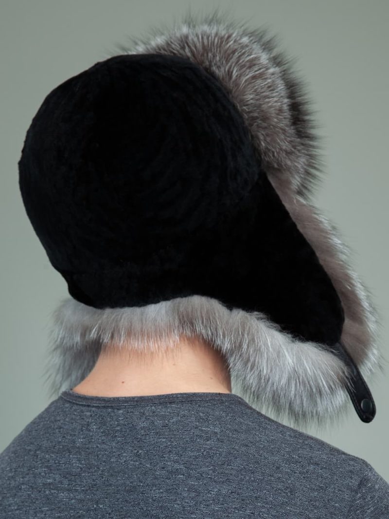 black sheepskin silver fox fur hat with ear flaps for men & women