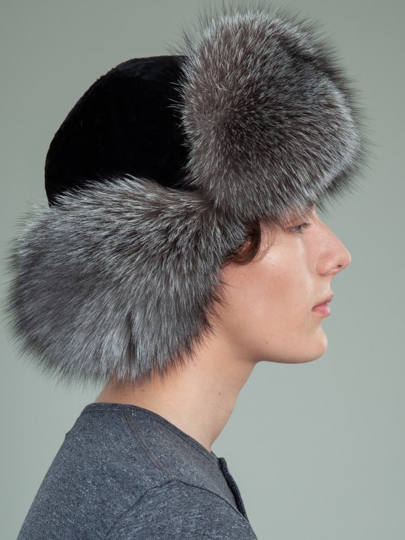 black sheepskin silver fox fur hat with ear flaps for men & women