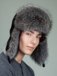 black sheepskin silver fox fur hat with ear flaps for men & women