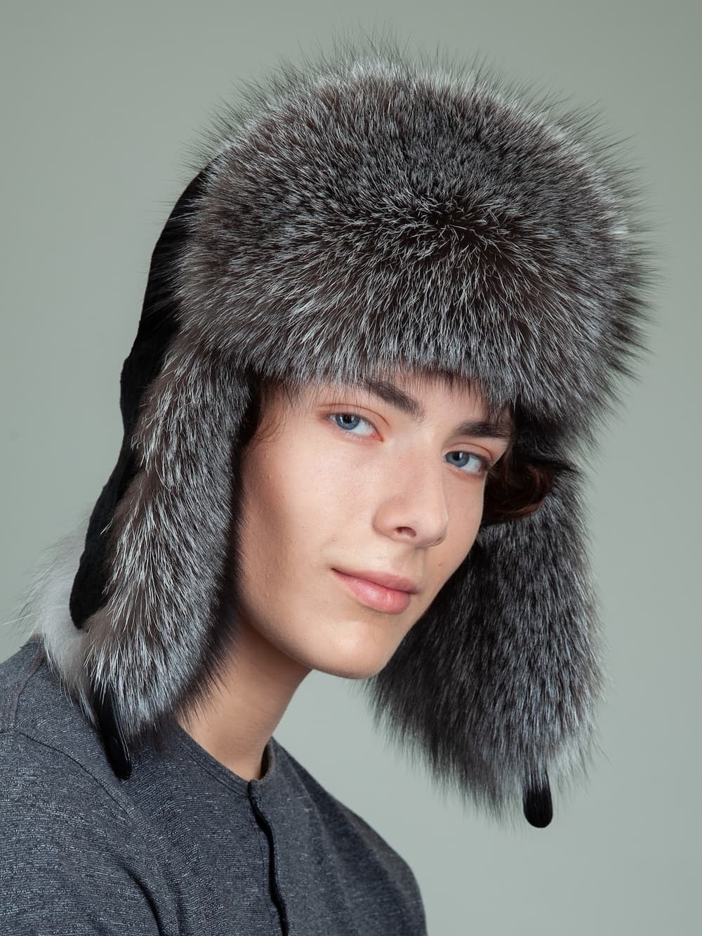 Black Sheepskin Natural Silver Fox  Fur Trapper Hat  NordFur
