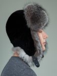 black sheepskin silver fox fur hat with ear flaps for men & women