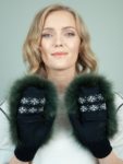 black wool mittens green fox fur mittens for women