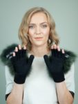 black wool mittens green fox fur mittens for women