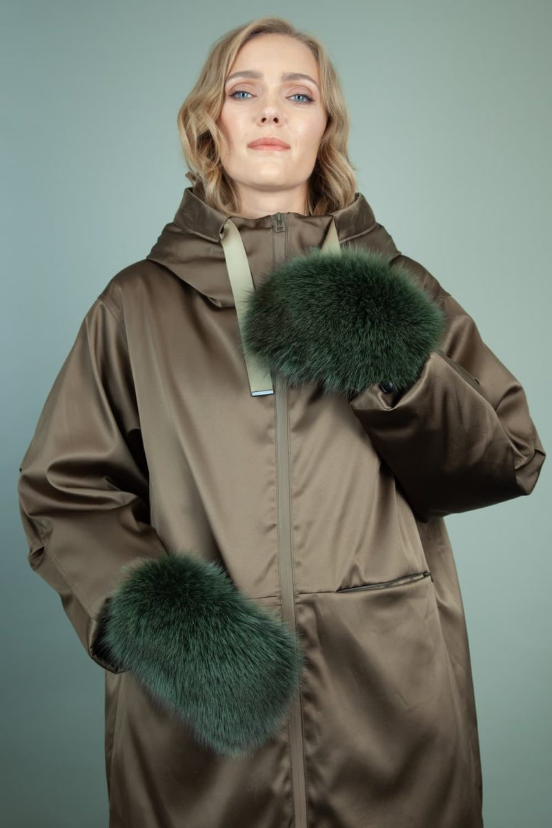 black wool mittens green fox fur mittens for women