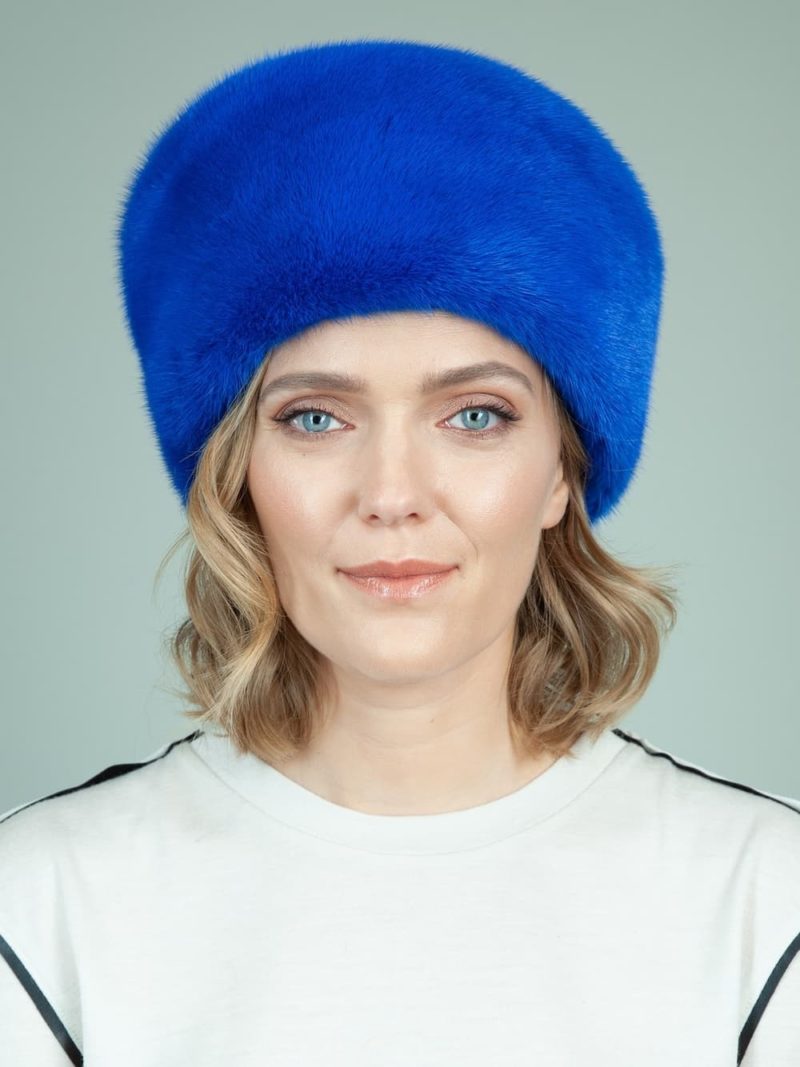 solid blue mink fur hat for women