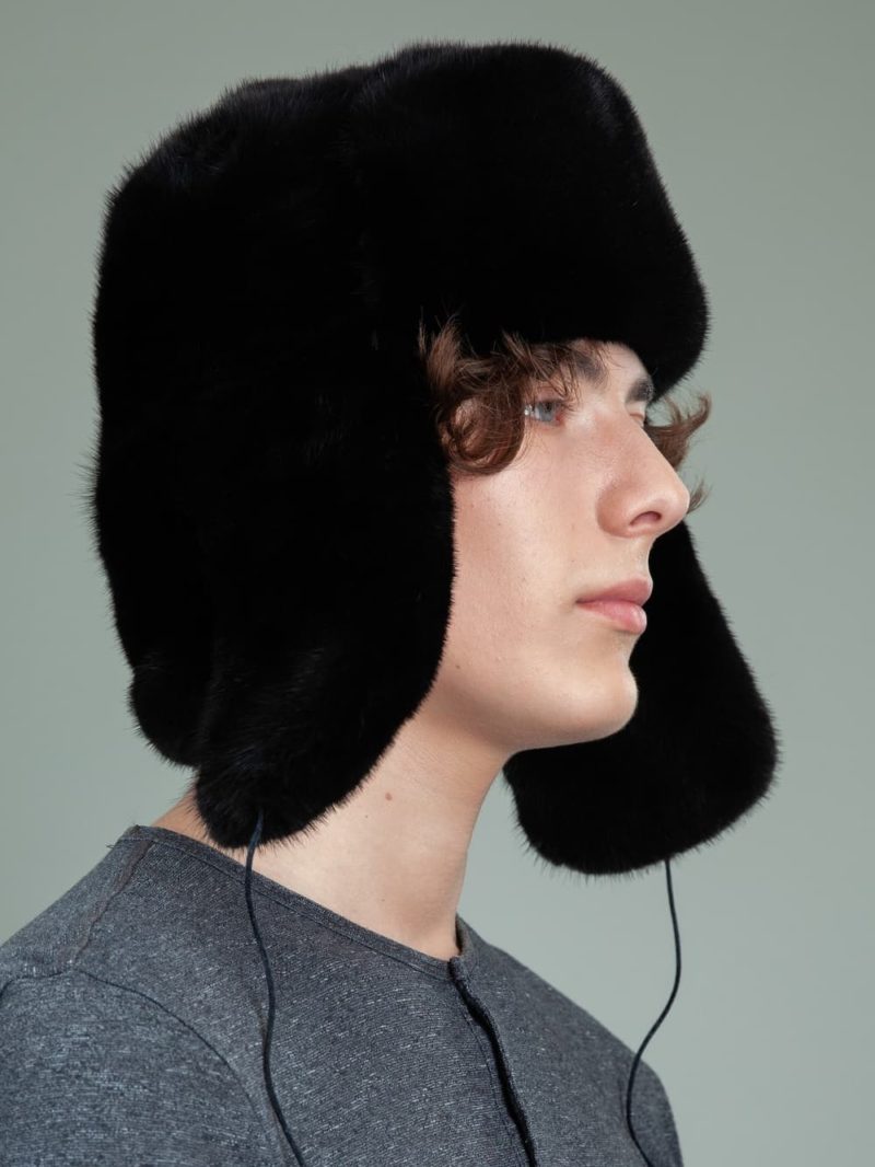classic black mink fur russian ushanka hat with ear flaps for men