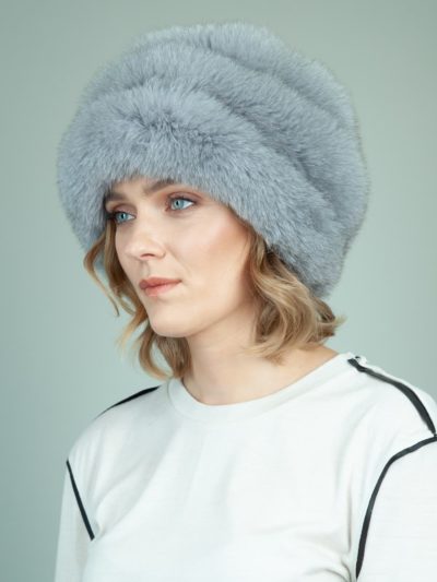 gray fox fur hat with leather inserts and flat top