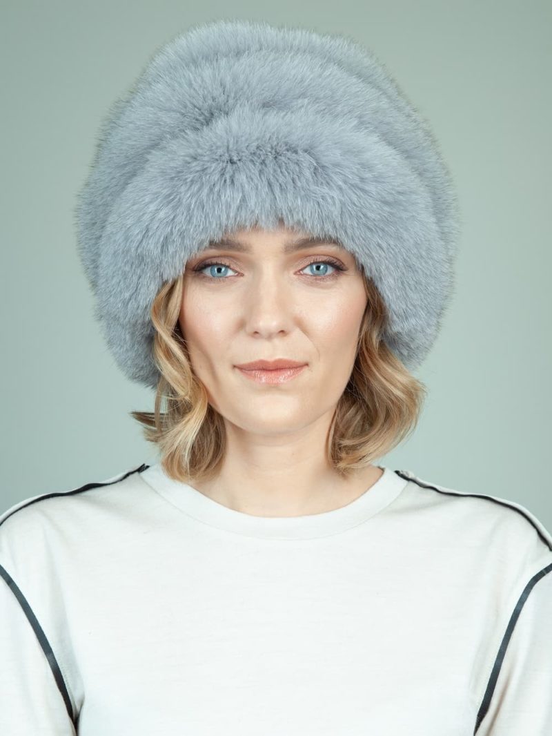 gray fox fur hat with leather inserts and flat top