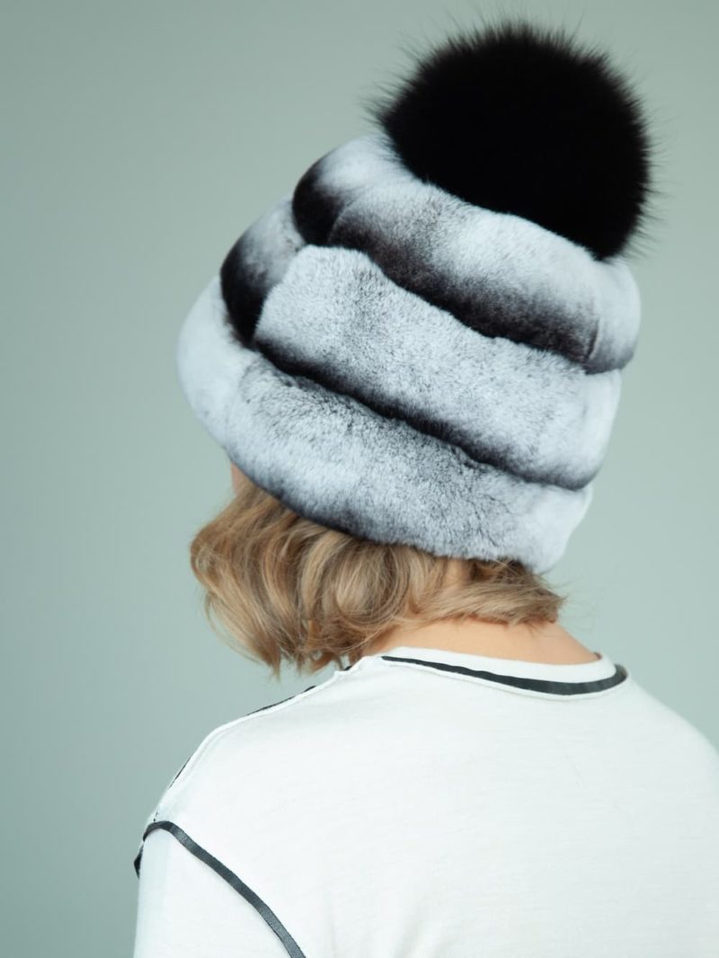 gray rex rabbit fur hat with leather inserts with fox pom-pom