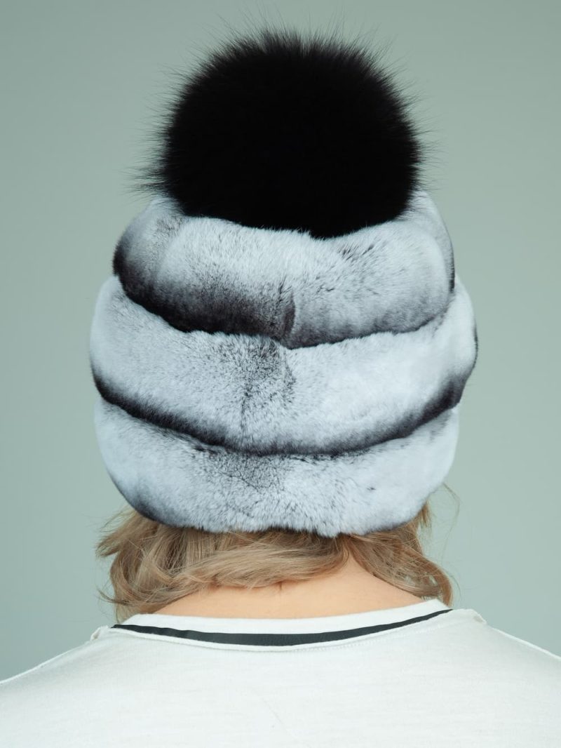 gray rex rabbit fur hat with leather inserts with fox pom-pom