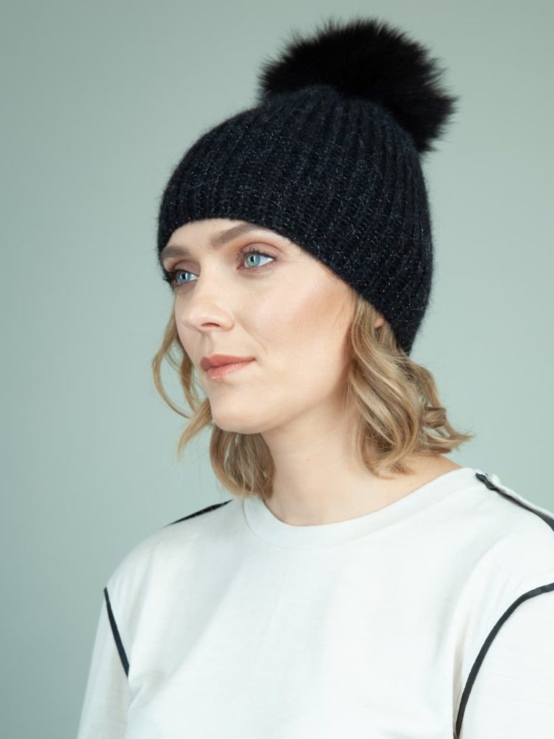 handknit black baby merino wool mohair hat with detachable fox fur pom-pom for women