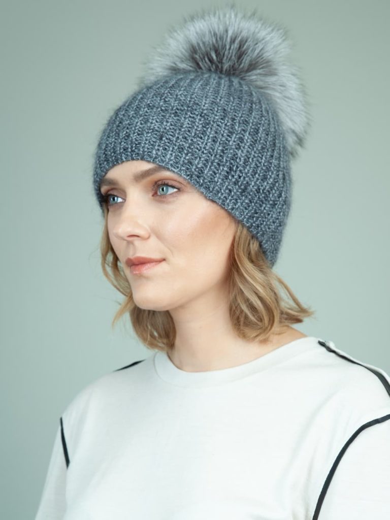 Knitted Black Cashmere Beanie Hat With Fox Fur Pom Pom | NordFur