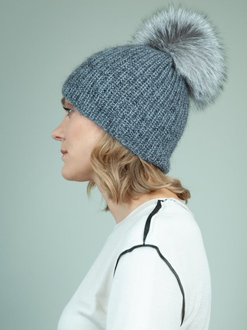 handknit gray baby merino wool mohair hat with detachable fox fur pom-pom for women
