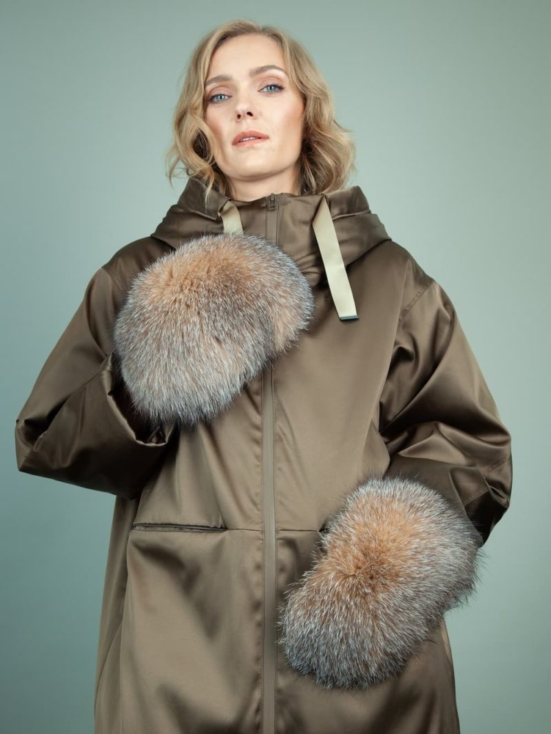 knit beige wool mittens brown fox fur mittens gloves for women