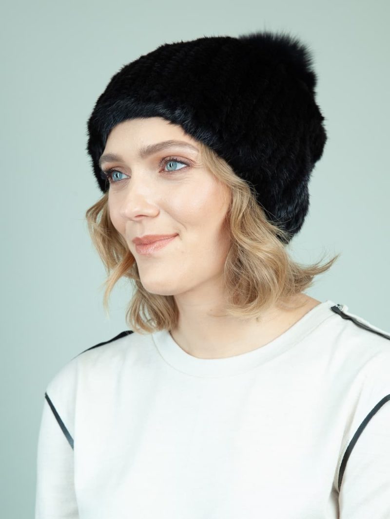 knit slouchy black mink fur hat with fox pom-pom for women