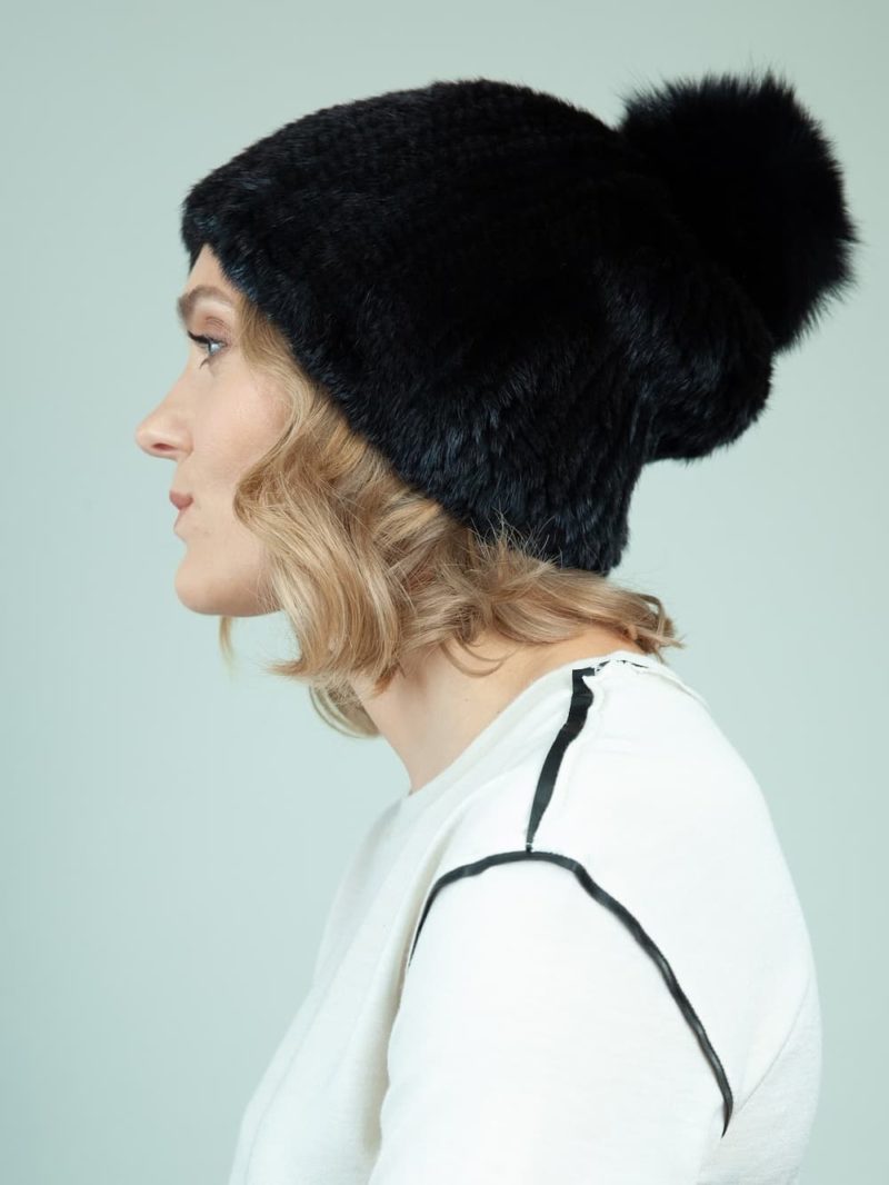 knit slouchy black mink fur hat with fox pom-pom for women