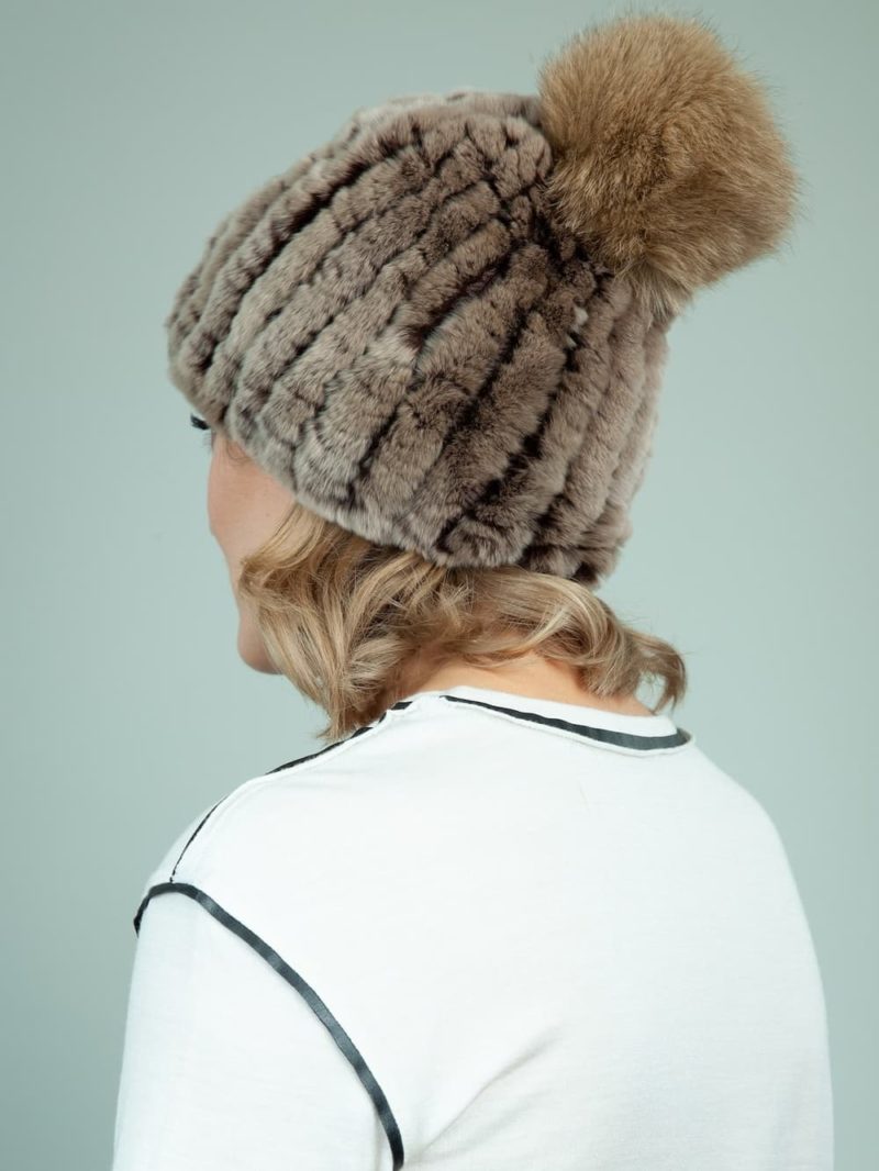 knit slouchy brown rex rabbit fur hat with fox fur pom-pom for women