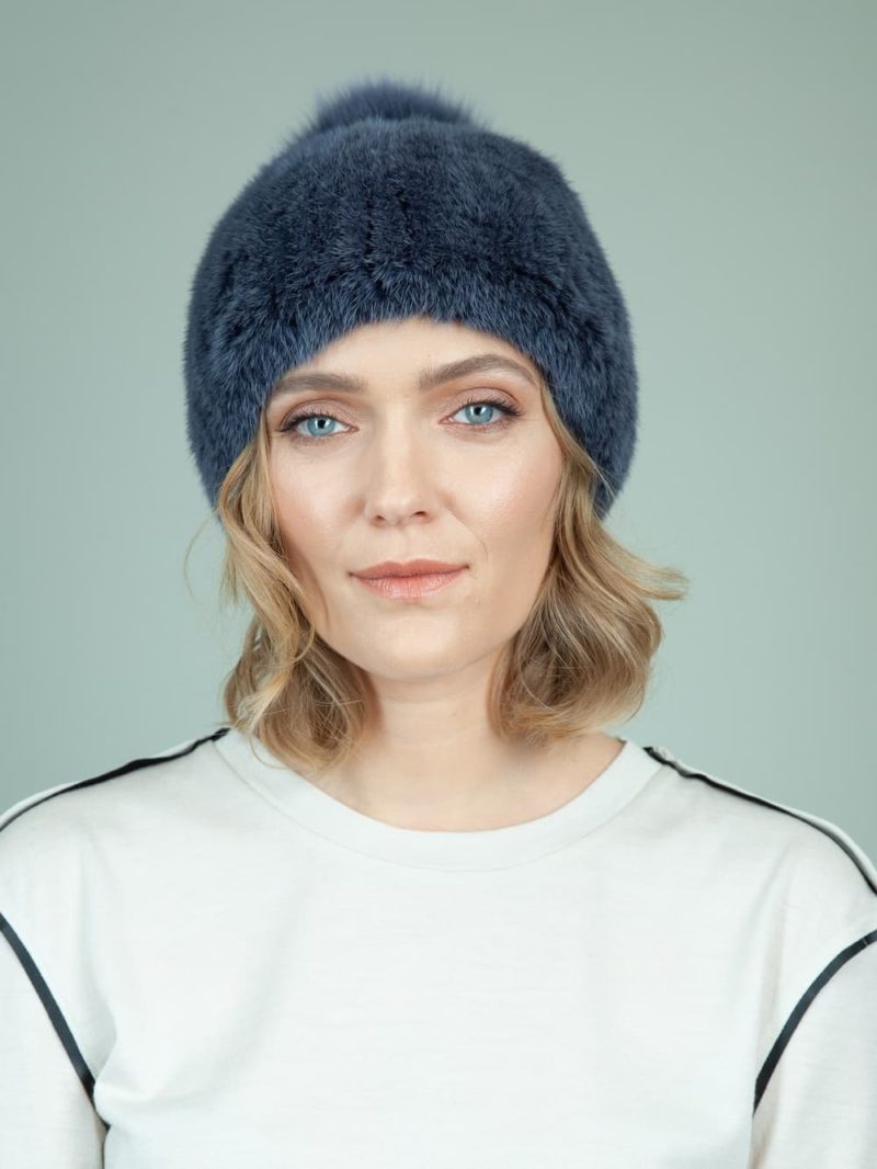 knit slouchy dark blue mink fur hat with fox pom-pom for women