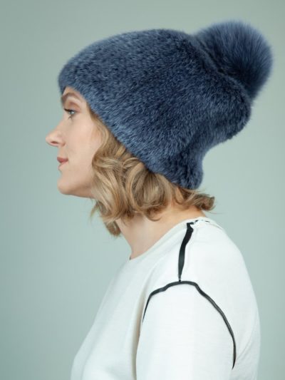 knit slouchy dark blue mink fur hat with fox pom-pom for women