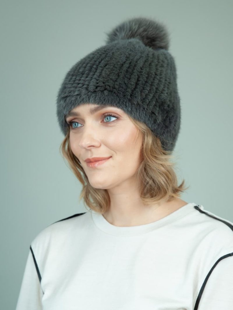 knit slouchy dark gray mink fur hat with fox fur pom-pom for women