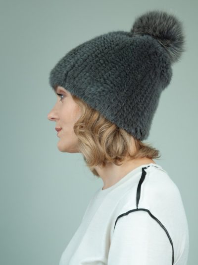 knit slouchy dark gray mink fur hat with fox fur pom-pom for women