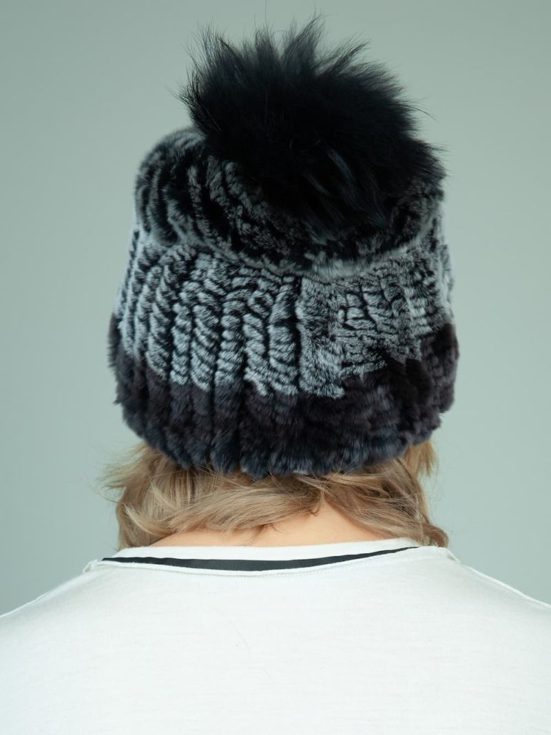 knit slouchy dark gray rex rabbit fur hat with fox pom-pom for women