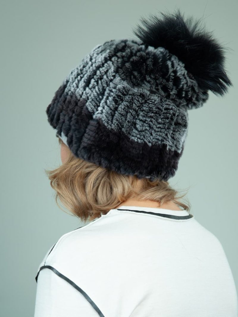 knit slouchy dark gray rex rabbit fur hat with fox pom-pom for women