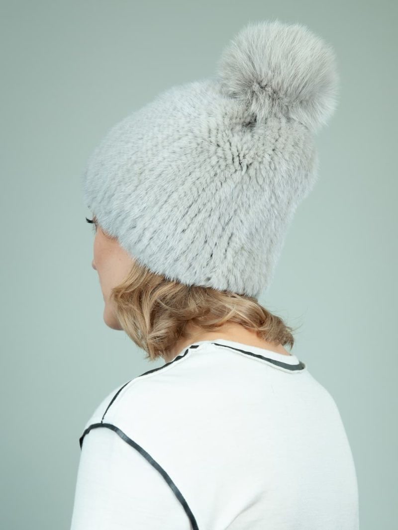 slouchy knit light gray mink fur hat with fox pom for women