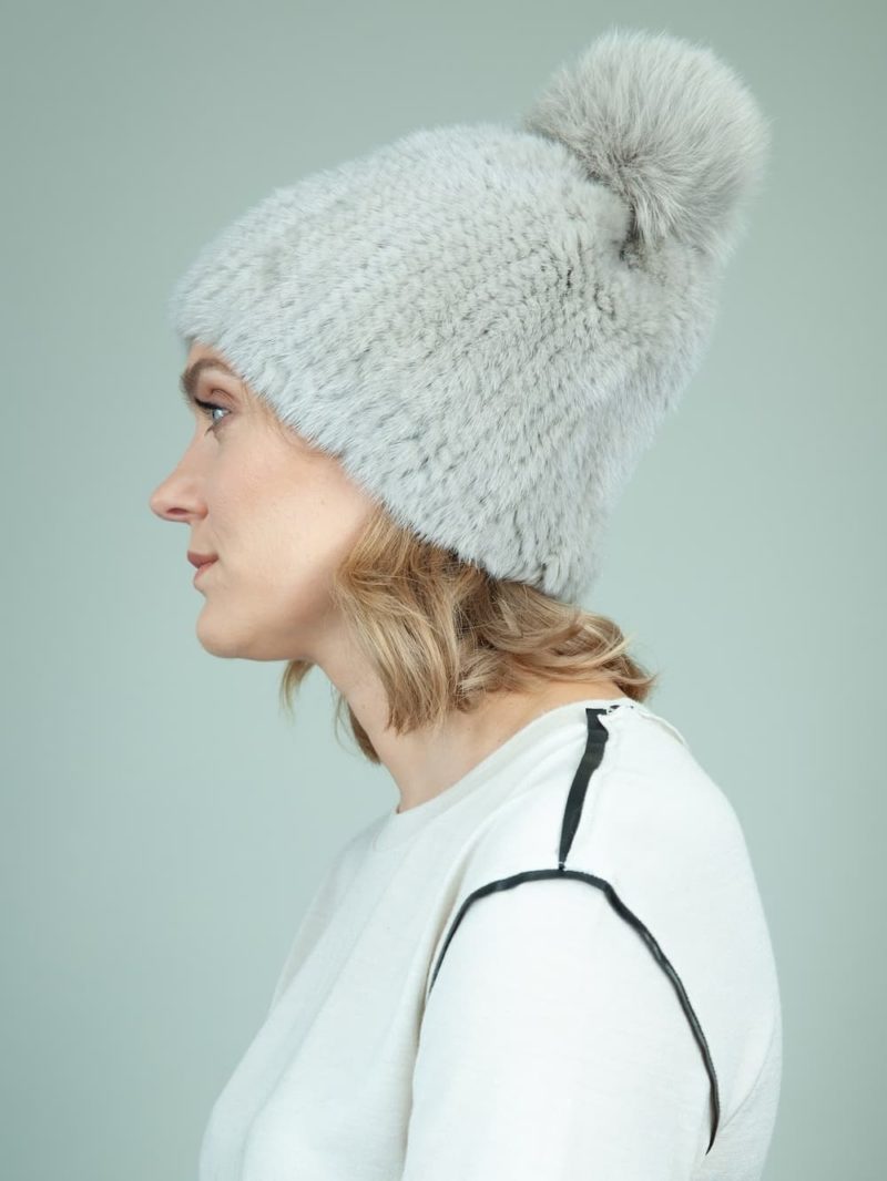 slouchy knit light gray mink fur hat with fox pom for women