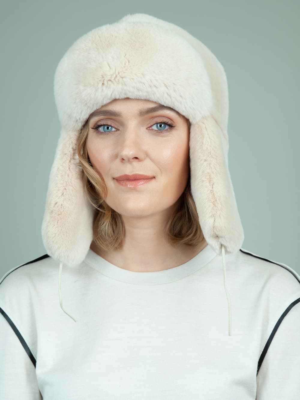 Beige Rex Rabbit Full Fur Hat With Ear Flaps | Handmade by NordFur