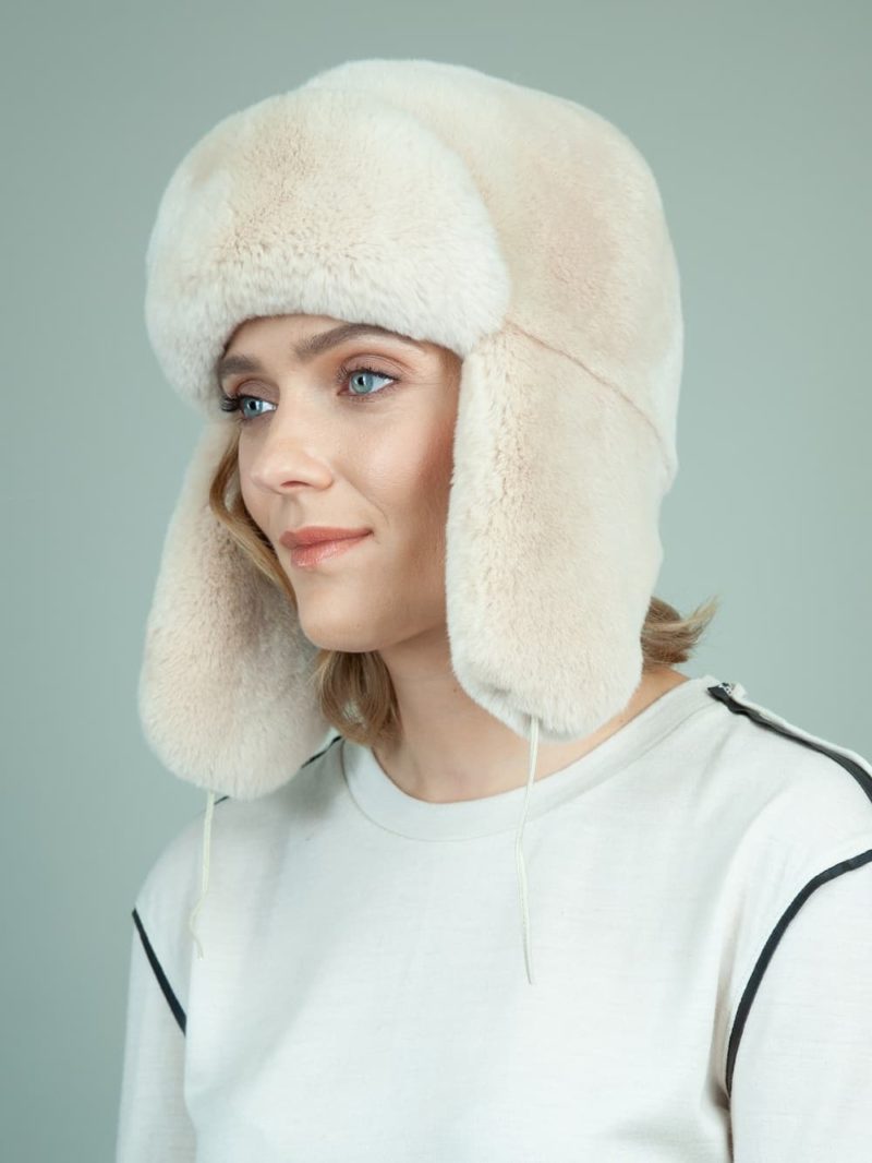 beige rex rabbit full fur russian hat with ears for women